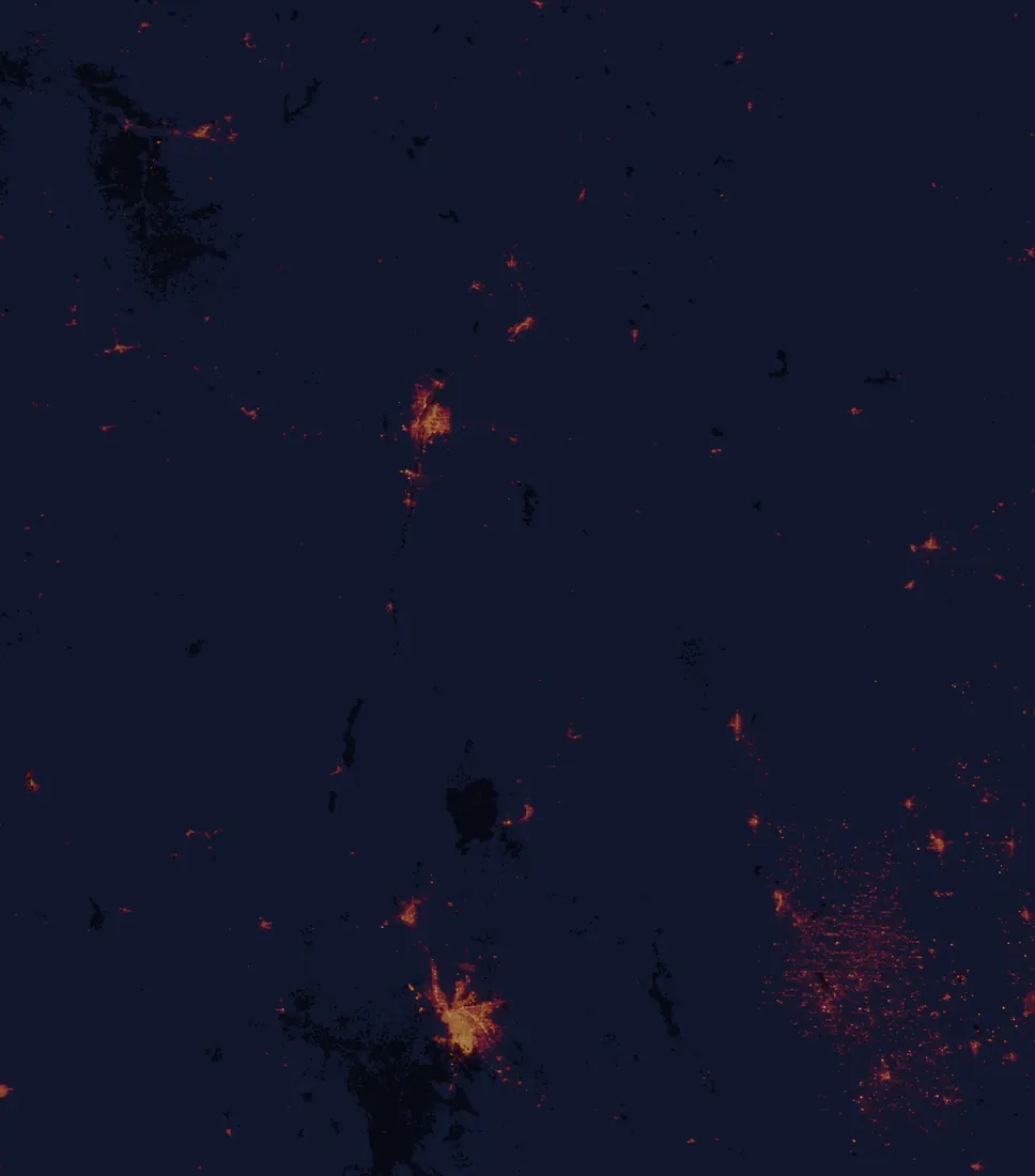 NASA satellite night-lights map of New Mexico with every place marked
