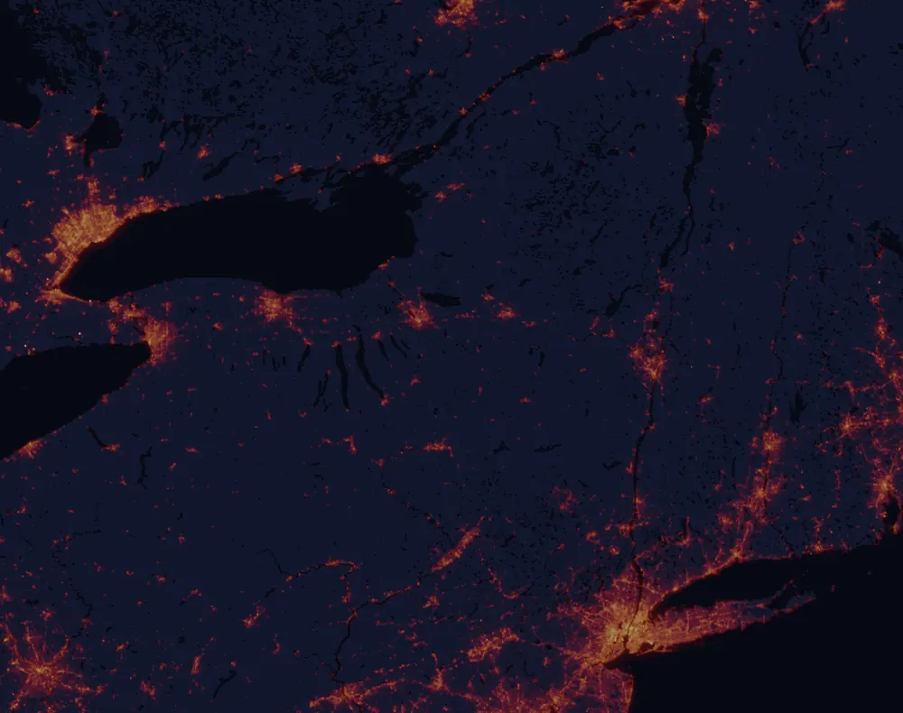 NASA satellite night-lights map of New York with every place marked