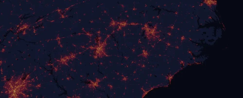 NASA satellite night-lights map of North Carolina with every place marked