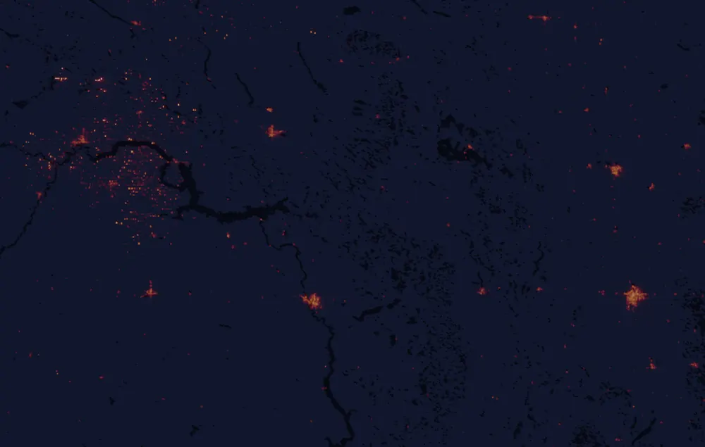 NASA satellite night-lights map of North Dakota with every place marked