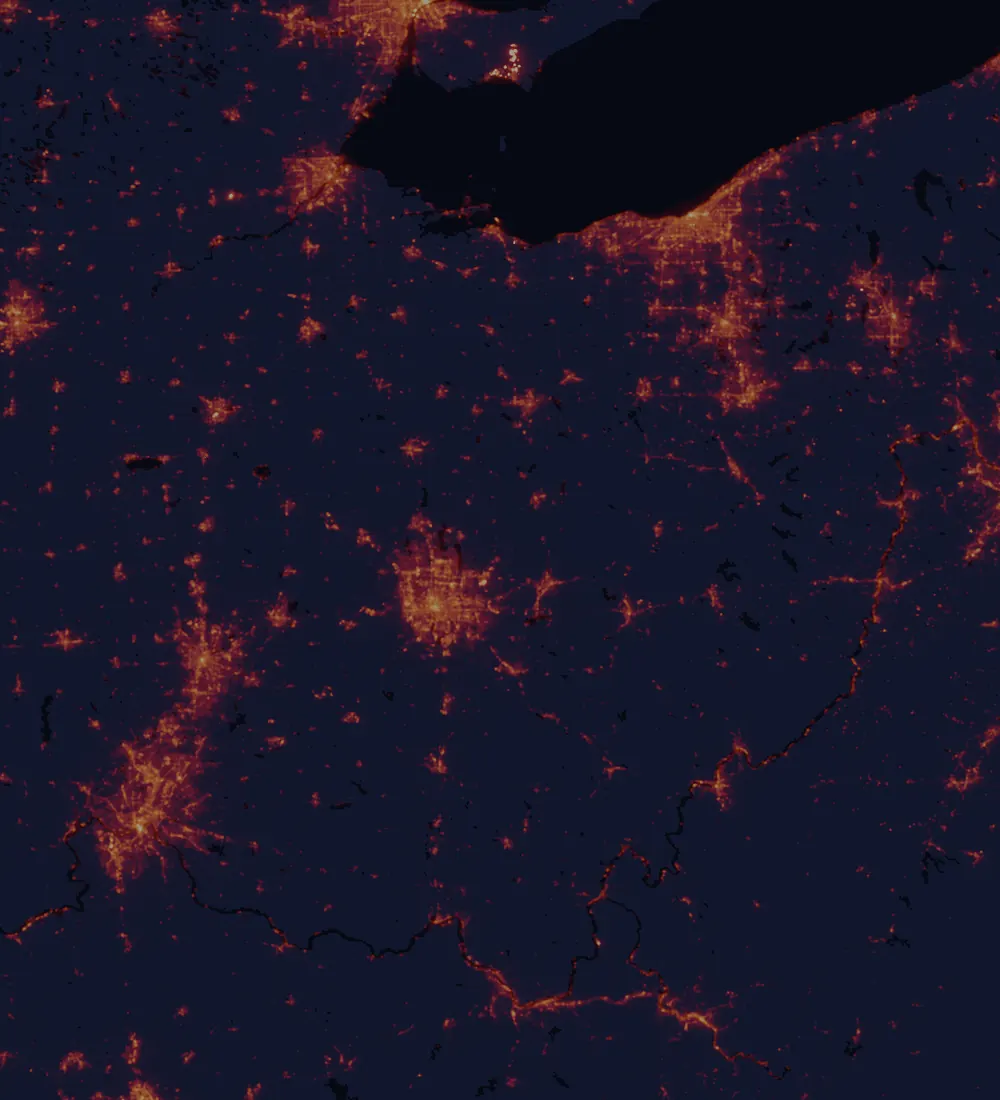NASA satellite night-lights map of Ohio with every place marked