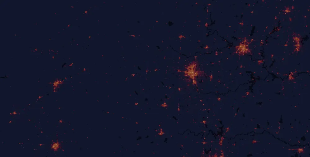 NASA satellite night-lights map of Oklahoma with every place marked