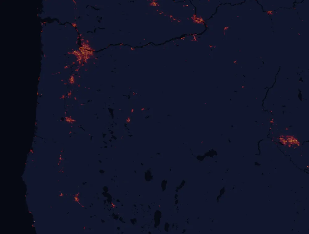 NASA satellite night-lights map of Oregon with every place marked