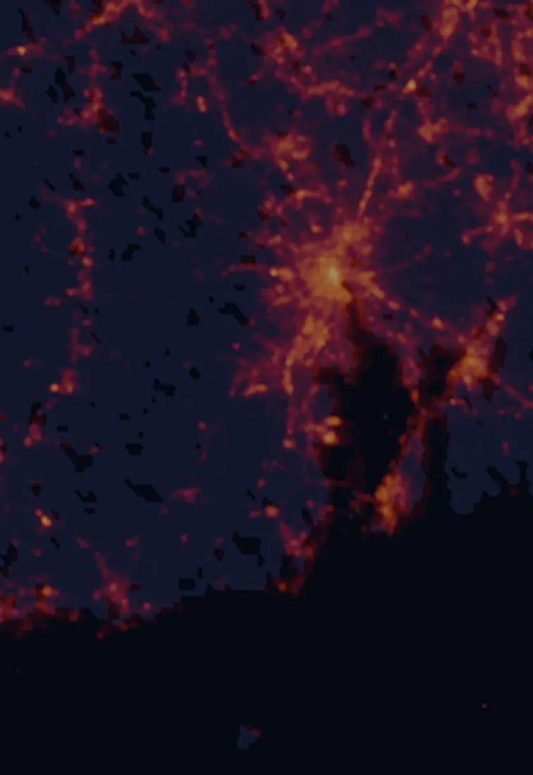 NASA satellite night-lights map of Rhode Island with every place marked