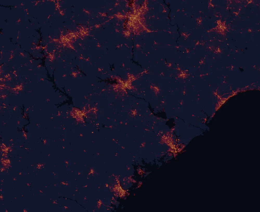 NASA satellite night-lights map of South Carolina with every place marked