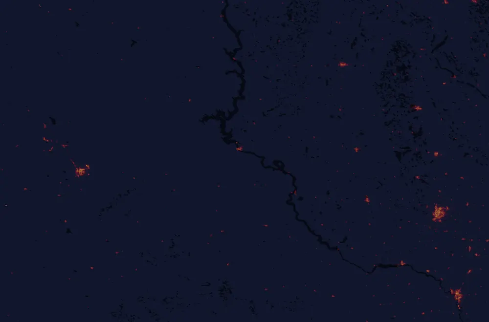 NASA satellite night-lights map of South Dakota with every place marked