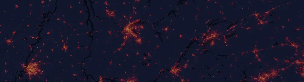 NASA satellite night-lights map of Tennessee with every place marked