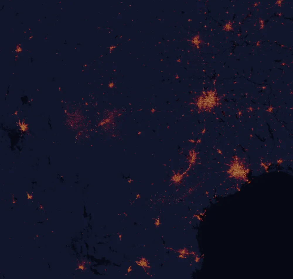 NASA satellite night-lights map of Texas with every place marked
