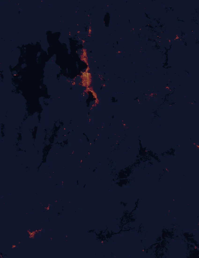 NASA satellite night-lights map of Utah with every place marked