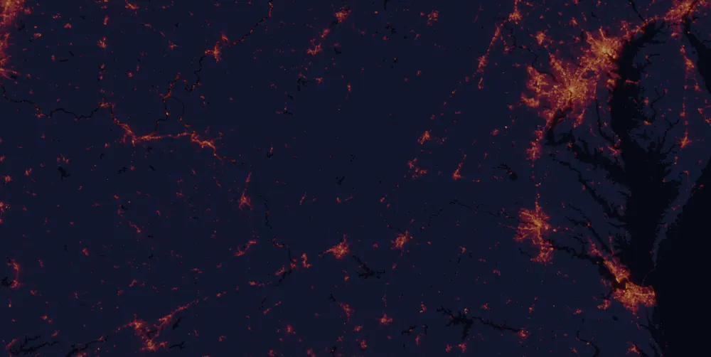 NASA satellite night-lights map of Virginia with every place marked
