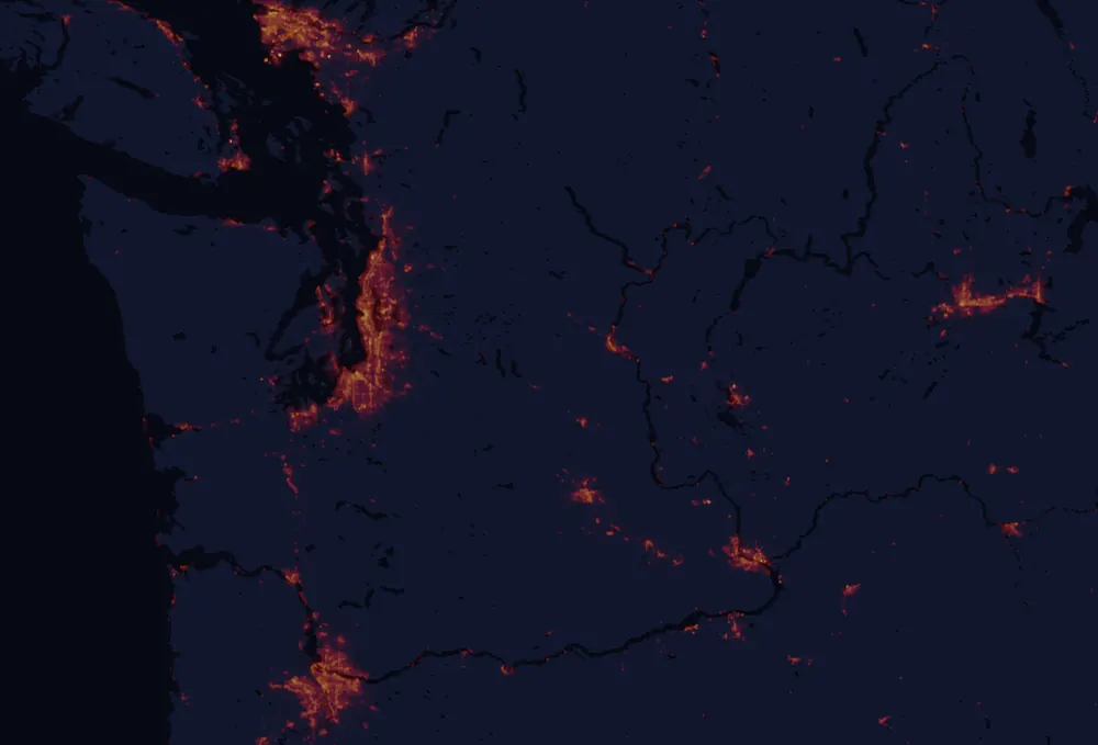 NASA satellite night-lights map of Washington with every place marked