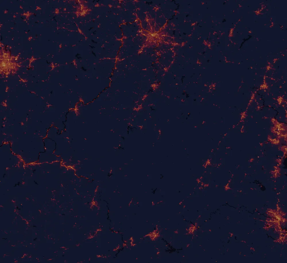 NASA satellite night-lights map of West Virginia with every place marked