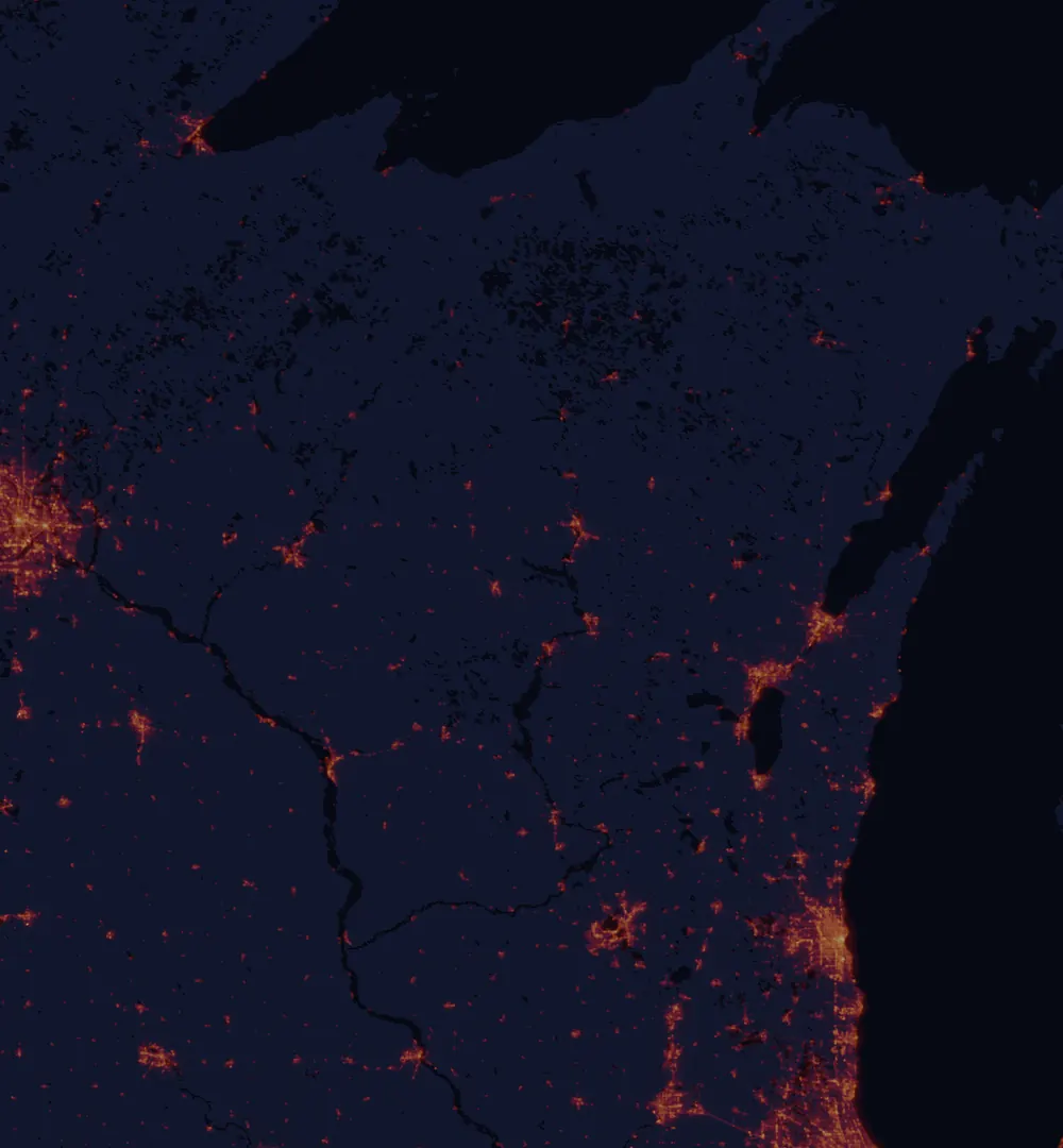 NASA satellite night-lights map of Wisconsin with every place marked