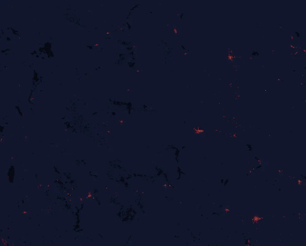 NASA satellite night-lights map of Wyoming with every place marked
