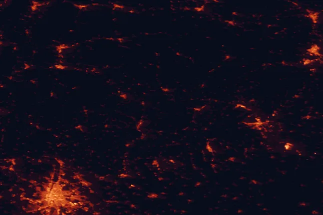 Satellite night-light map of the 100 km around Cerová vrchovina Protected Landscape Area, with Budapest, Miskolc and Košice marked