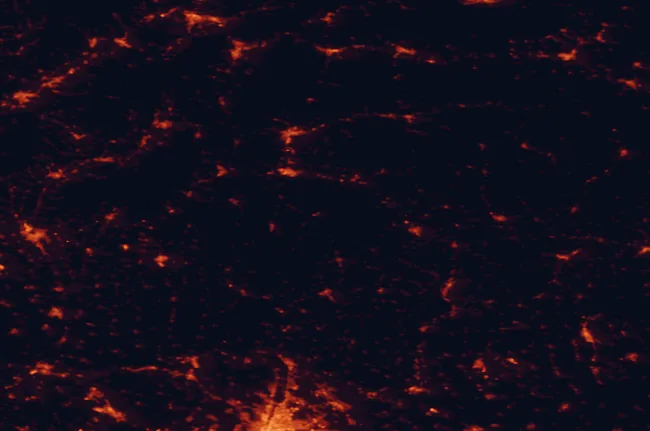 Satellite night-light map of the 100 km around Poľana Protected Landscape Area, with Banská Bystrica, Zvolen and Nitra marked