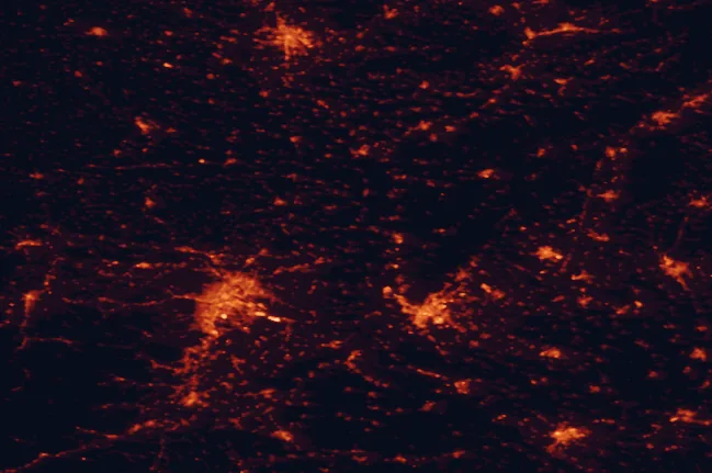 Satellite night-light map of the 100 km around Záhorie Protected Landscape Area, with Vienna, Bratislava and Brno marked
