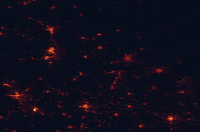 Satellite night-light map of the 100 km around Latorica Protected Landscape Area, with Košice, Uzhhorod and Nyíregyháza marked