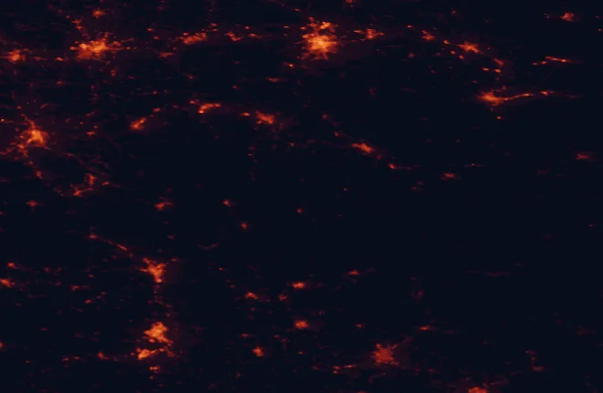 Satellite night-light map of the 100 km around East Carpathians Protected Landscape Area, with Košice, Rzeszów and Uzhhorod marked