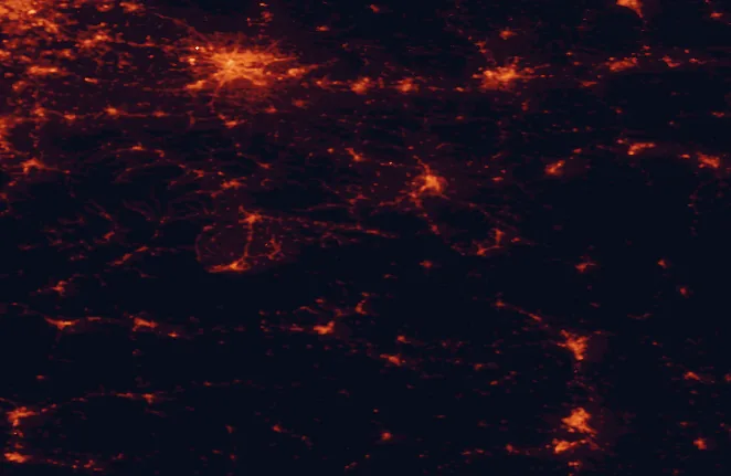 Satellite night-light map of the 100 km around Pieniny National Park (Slovakia), with Kraków, Košice and Nowy Sącz marked