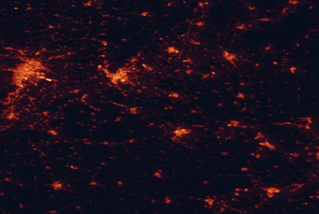 Satellite night-light map of the 100 km around Dunajské luhy Protected Landscape Area, with Vienna, Bratislava and Győr marked
