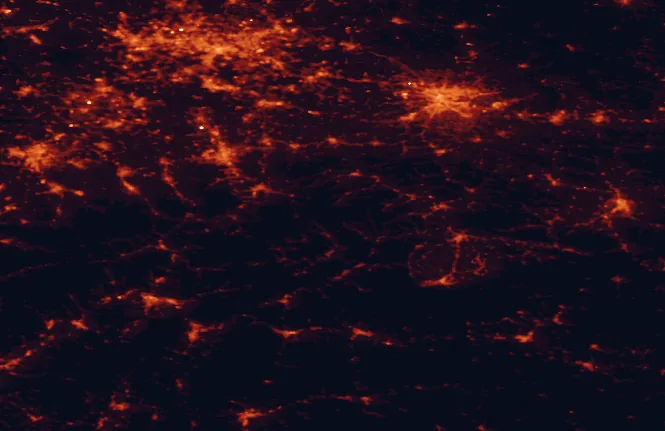 Satellite night-light map of the 100 km around Horná Orava Protected Landscape Area, with Kraków, Bielsko-Biala and Katowice marked