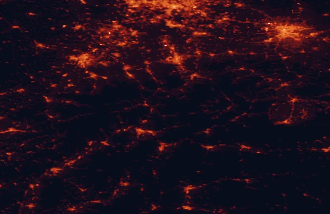 Satellite night-light map of the 100 km around Kysuce Protected Landscape Area, with Kraków, Ostrava and Bielsko-Biala marked