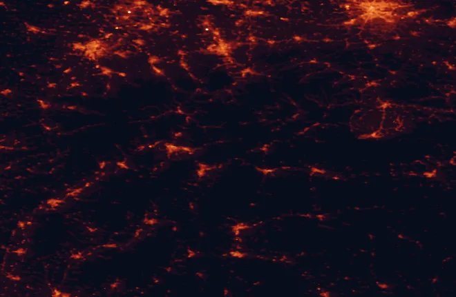 Satellite night-light map of the 100 km around Malá Fatra National Park, with Kraków, Ostrava and Bielsko-Biala marked