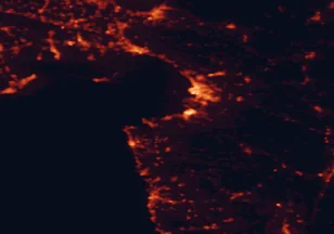 Satellite night-light map of the 50 km around Izola, with Trieste, Koper and Monfalcone marked