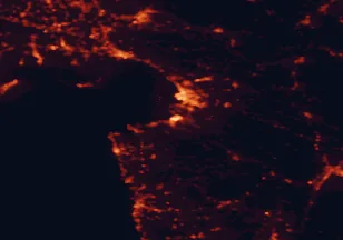 Satellite night-light map of the 50 km around Koper, with Trieste, Izola and Muggia marked