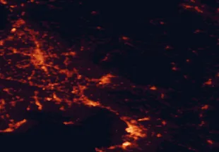 Satellite night-light map of the 50 km around Nova Gorica, with Trieste, Udine and Monfalcone marked