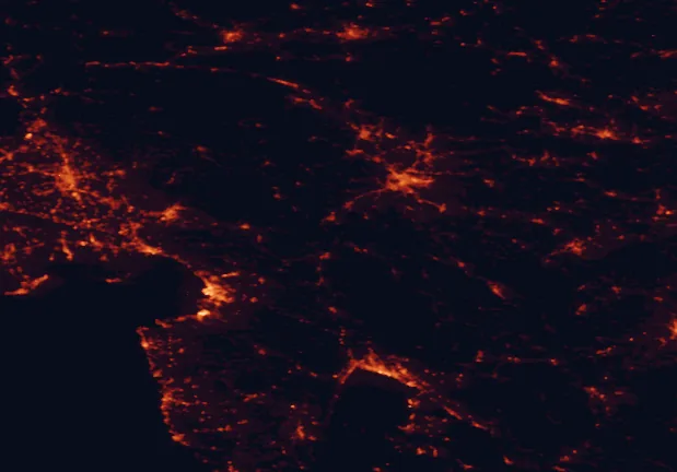 Satellite night-light map of the 100 km around Planina Polje Landscape Park, with Ljubljana, Trieste and Rijeka marked