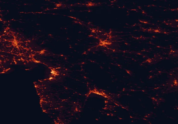 Satellite night-light map of the 100 km around Rakov Škocjan Landscape Park, with Ljubljana, Trieste and Rijeka marked