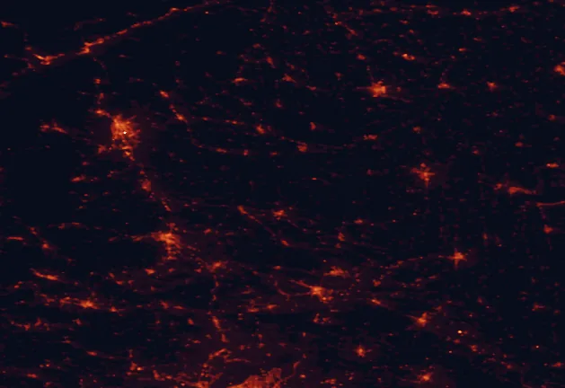 Satellite night-light map of the 100 km around Goričko Nature Park, with Graz, Maribor and Szombathely marked