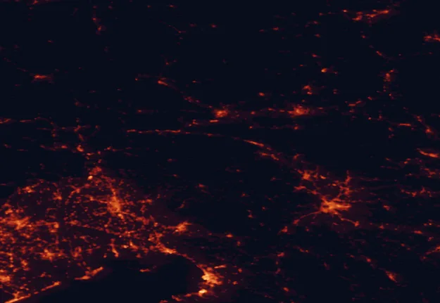 Satellite night-light map of the 100 km around Triglav National Park, with Ljubljana, Trieste and Klagenfurt am Wörthersee marked
