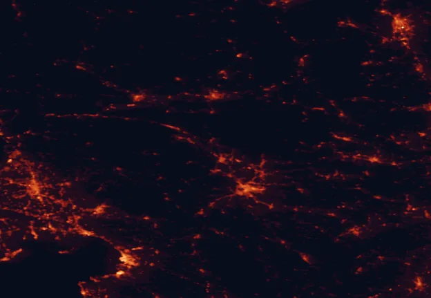 Satellite night-light map of the 100 km around Udin Boršt Landscape Park, with Ljubljana, Graz and Trieste marked