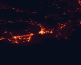 Satellite night-light map of the 50 km around Almería, with Roquetas de Mar, El Ejido and Huércal de Almería marked