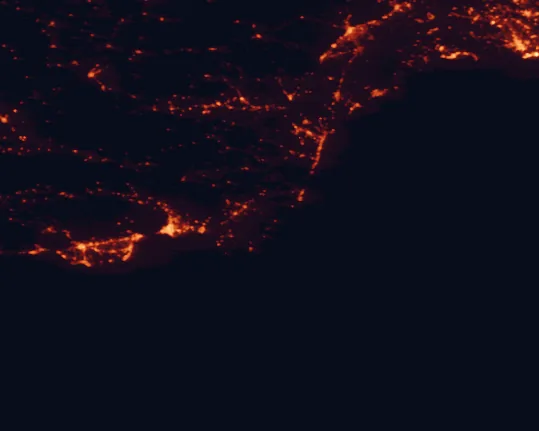 Satellite night-light map of the 100 km around Cabo de Gata-Níjar Natural Park, with Almería, Cartagena and Roquetas de Mar marked