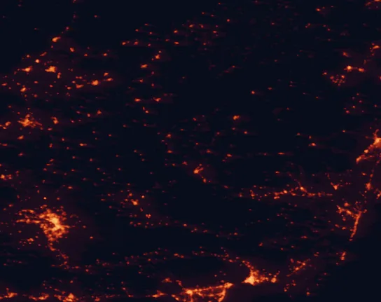 Satellite night-light map of the 100 km around the Granada Geopark, with Granada, Almería and Jaén marked