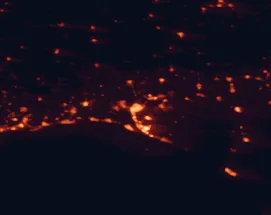 Satellite night-light map of the 50 km around Huelva, with Aljaraque, Moguer and Lepe marked