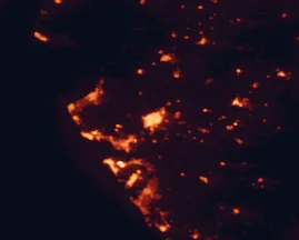 Satellite night-light map of the 50 km around Jerez de la Frontera, with El Puerto de Santa María, Cadiz and San Fernando marked