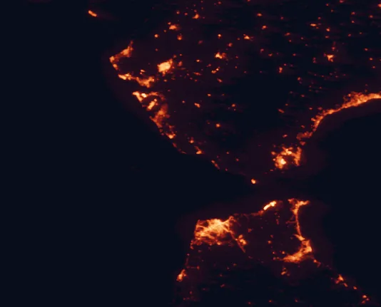 Satellite night-light map of the 100 km around La Breña and Marismas del Barbate Natural Park, with Tangier, Tétouan and Jerez de la Frontera marked