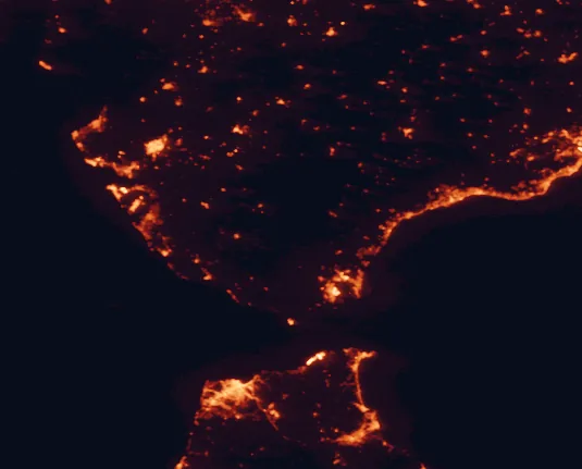 Satellite night-light map of the 100 km around Los Alcornocales Natural Park, with Tangier, Tétouan and Jerez de la Frontera marked