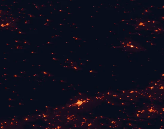 Satellite night-light map of the 100 km around Los Pedroches, with Córdoba, Jaén and Ciudad Real marked