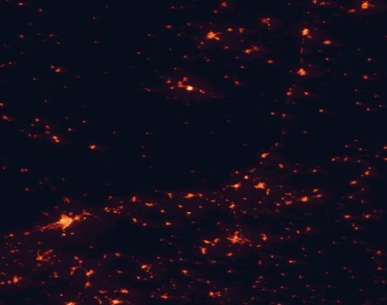 Satellite night-light map of the 100 km around Sierra de Andújar Natural Park, with Córdoba, Jaén and Linares marked