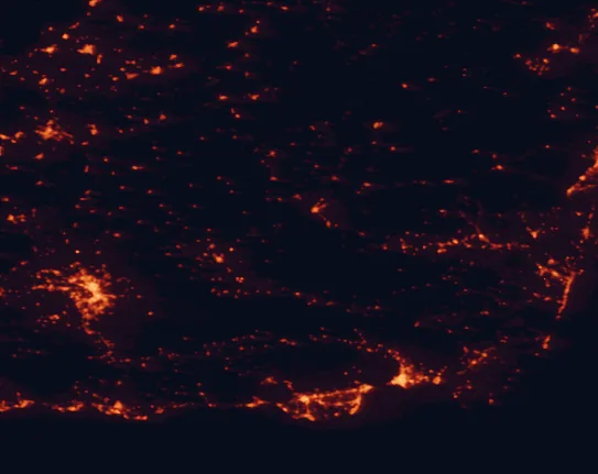Satellite night-light map of the 100 km around Sierra de Baza Natural Park, with Granada, Almería and Roquetas de Mar marked