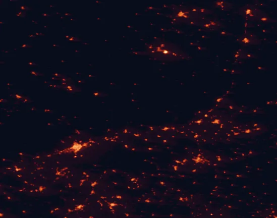 Satellite night-light map of the 100 km around Sierra de Cardeña y Montoro Natural Park, with Córdoba, Jaén and Andújar marked