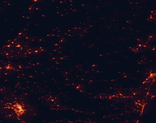Satellite night-light map of the 100 km around Sierra de Castril Natural Park, with Granada, Campiña and Jaén marked