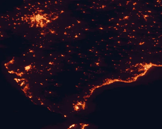 Satellite night-light map of the 100 km around Sierra de Grazalema Natural Park, with Sevilla, Málaga and Jerez de la Frontera marked