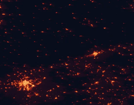 Satellite night-light map of the 100 km around Sierra de Hornachuelos Natural Park, with Sevilla, Córdoba and Dos Hermanas marked